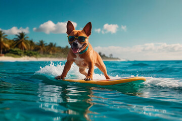 Dog in sunglasses riding the waves, surfing on a board, summer vacation concept, template, copy space.