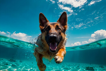 German shephard diving underwater, funny dog underwater, summer mood concept, vacation, tropics, ocean.