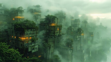 Urban Jungle, In a futuristic city overrun by concrete and pollution,  gardens and rooftop oases. Generated AI