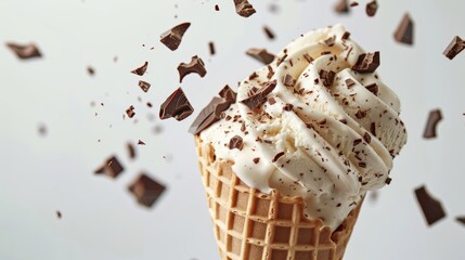 Whipped cream topped cone with falling chocolate pieces in a dynamic dessert scene