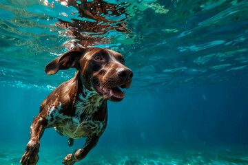 German shorthaired pointer diving underwater, funny dog underwater, summer mood concept, vacation, tropics, ocean.