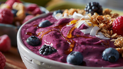 Acai berry smoothie bowl with various toppings.
