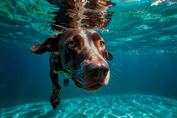 German shorthaired pointer diving underwater, funny dog underwater, summer mood concept, vacation, tropics, ocean.