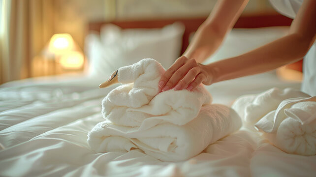 Woman making bed in a hotel room