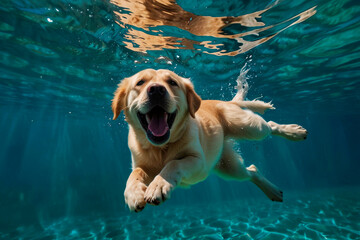 Labrador retrievers diving underwater, funny dog underwater, summer mood concept, vacation, tropics, ocean.