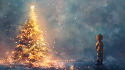 Child in pajamas awed by glowing Christmas tree.