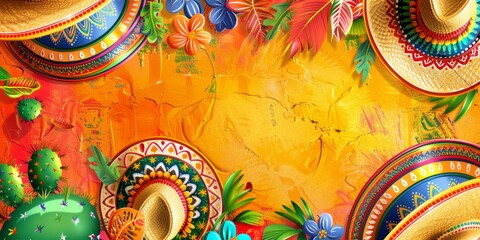 Group of Mexican Hats on Yellow Background