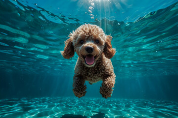 Poodles diving underwater, funny dog underwater, summer mood concept, vacation, tropics, ocean.