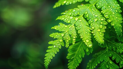 Close-up of a green fern leaf with dew drops. - obrazy, fototapety, plakaty