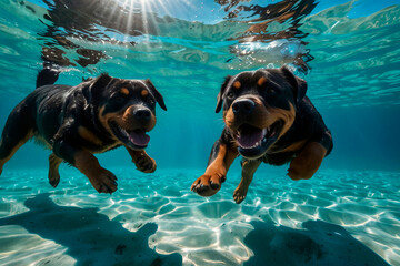 Rottwieler diving underwater, funny dog underwater, summer mood concept, vacation, tropics, ocean.