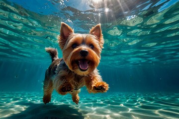 Yorkshire terrier diving underwater, funny dog underwater, summer mood concept, vacation, tropics, ocean.