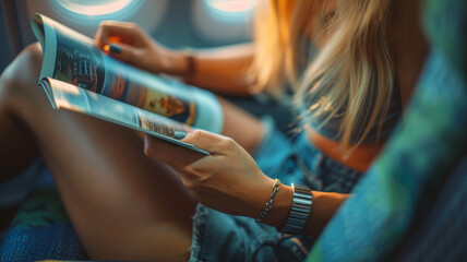 Young woman reading magazine on plane