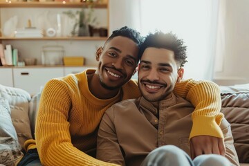 Obraz na płótnie Canvas happy gay couple embracing and smiling at the camera in their cozy living room lifestyle photography