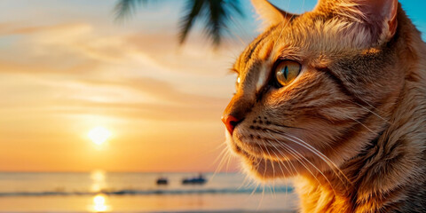 Cat on the sand on tropical beach, summer vacation concept, template, copy space.