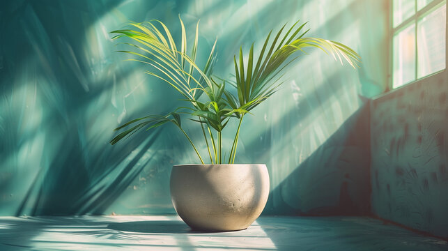 A potted plant sits in a white ceramic bowl on a blue wall