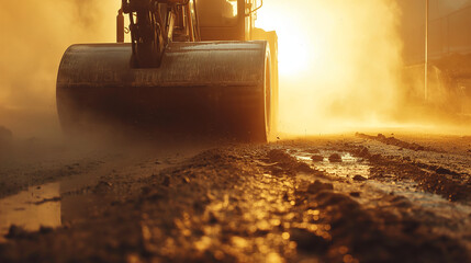 The operator inside the cabin of a road roller focused on compacting a new road section, surrounded by a dusty and steamy atmosphere illuminated by natural light. , natural light,