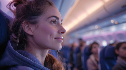 Woman smiling inside an airplane cabin