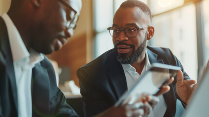 Multiethnic businessmen analyzing data on a digital tablet together, seated in a bright office environment. , natural light, soft shadows, with copy space