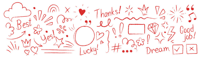 Set of Red Doodle sketch element, vector graphic hand-drawn line shapes, Highlight circles, love heart, speech bubble, Thanks, Best, Good Job. decoration symbol, Vector illustration.