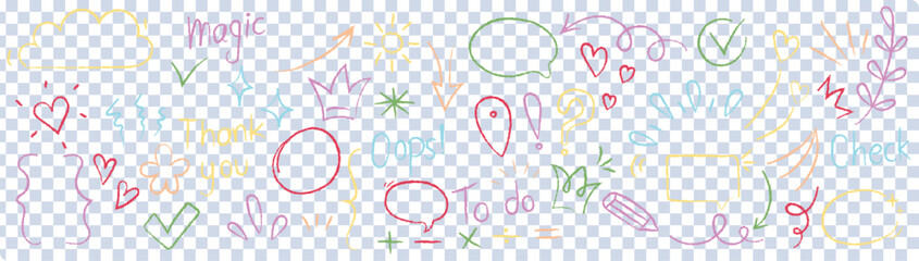 Set of Doodle sketch element, vector graphic hand-drawn line shapes, Highlight circles, love heart, speech bubble, Thanks, Best, Good Job. decoration symbol, Vector illustration.