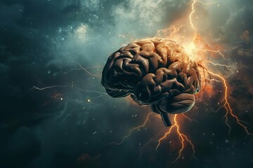 human brain with lightning psychological pressure and stress concept
