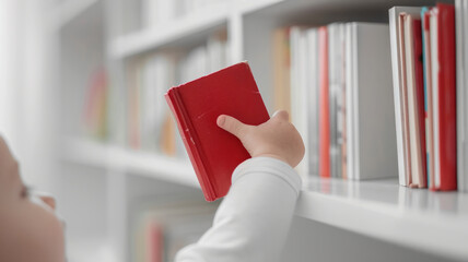 Child pulling a red book from a shelf. - obrazy, fototapety, plakaty