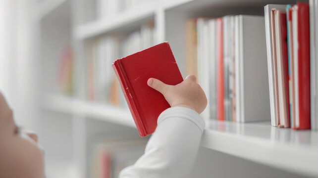 Child pulling a red book from a shelf.