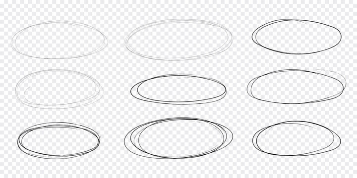 Circle scrible circular frame, fast mark, pencil line doodle frame. Ring, oval sketch highlight sphere on transparent background. 
