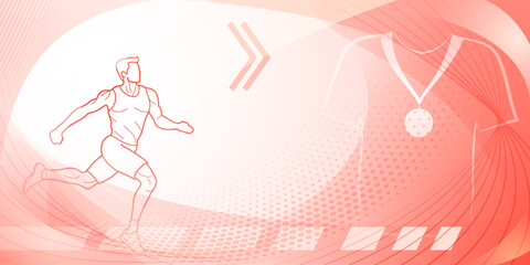 Runner themed background in pink tones with abstract curves and dots, with sport symbols such as a male athlete, running track and a medal