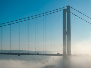 Istanbul Bosphorus Bridge and Marmara Sea in the Fog Drone Photo, Uskudar Istanbul, Turkiye (Turkey)