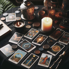 Tarot cards, divination by candlelight - obrazy, fototapety, plakaty