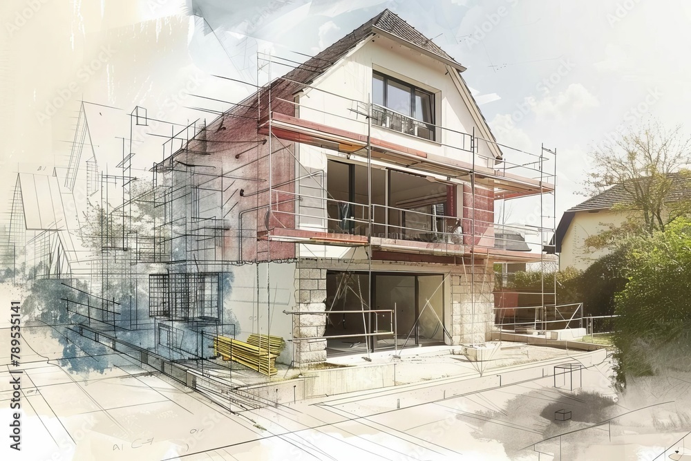 Wall mural house enlargement and renovation works in progress architectural concept digital illustration