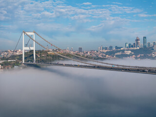 Istanbul Bosphorus Bridge and Marmara Sea in the Fog Drone Photo, Uskudar Istanbul, Turkiye (Turkey)