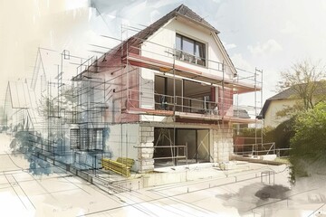 house enlargement and renovation works in progress architectural concept digital illustration