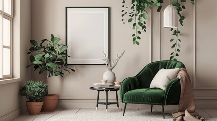 Mock up poster frame in modern interior background with green armchair and accessories in the room, Generative AI