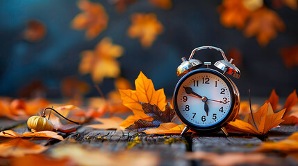 Daylight Saving Time. Alarm clock and orange color leaves on wooden table. Autumn time. Fall time change. Autumn leaves fall and winter approaches, the concept of daylight saving time - Powered by Adobe