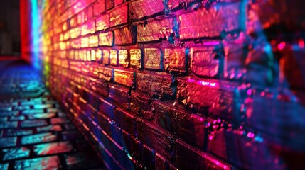 Obraz premium Wander through the urban labyrinth of an old brick wall illuminated by neon light, the play of light and shadow creating a mesmerizing tapestry of textures and colors,