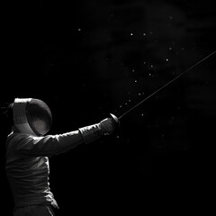 Fencer in Action with Epee in Black Background - obrazy, fototapety, plakaty