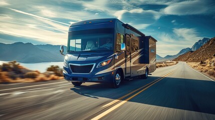 A new modern motorhome journeying on the drive. Experience luxury and comfort on wheels in this spacious mobile home adventure.