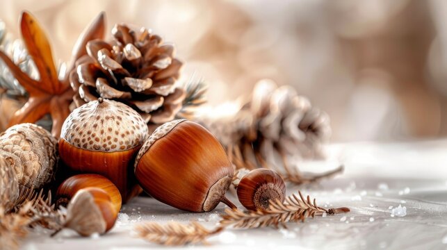 Oak acorns chestnuts and fir cones on a white background. Copy space image. Place for adding text or design