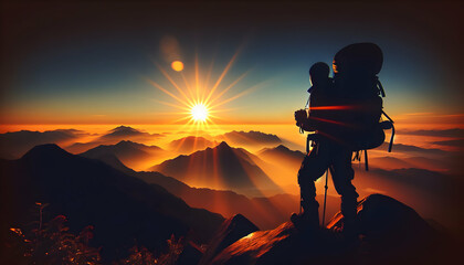 Mountain Tales: A Backpacker's Journey to Conquer Summits and Fulfill Dreams at Sunset - Nature Adventure Stock Photo - obrazy, fototapety, plakaty