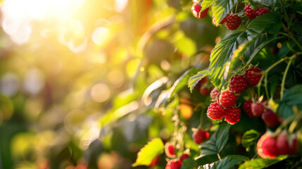 Sunlit Raspberry bush, ripe berries