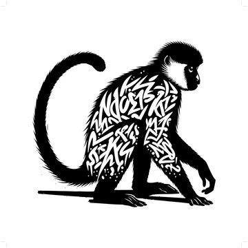 Colobus monkey silhouette, animal graffiti tag, hip hop, street art typography illustration.