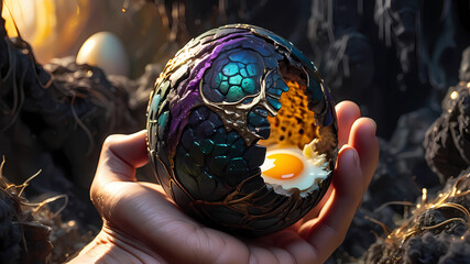 An egg with a thick scaly surface is held in the hands with hairy sickly black growths, magical light rushes through the cracks, gold dust rises into the air, darkness surrounds, fantasy - Powered by Adobe