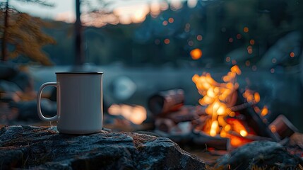 An 11 oz blank white mug mockup against a camping scene near a bonfire. Experience the cozy ambiance of nature with every sip. - 789536762