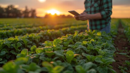 Naklejka na ściany i meble A farmer in a field during sunset using a tablet that shows a sophisticated agricultural app with real-time data on crop viability and environmental conditions.