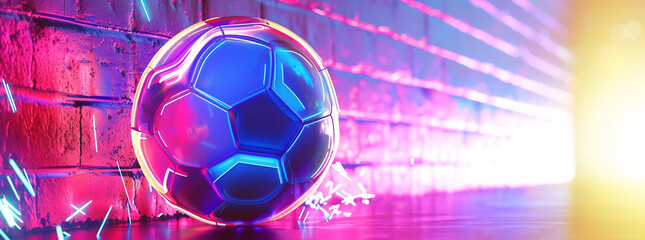 neon colored soccer ball with background colorful lights,