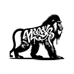 Mandrill; baboon silhouette, animal graffiti tag, hip hop, street art typography illustration.