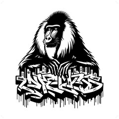 Mandrill; baboon silhouette, animal graffiti tag, hip hop, street art typography illustration.