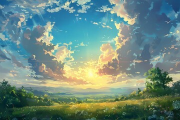 idyllic landscape with fluffy white clouds and golden sun serene natural scenery digital painting